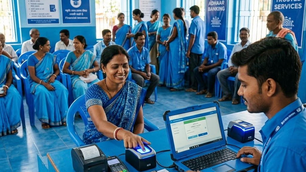 A customer placing a finger on a biometric scanner at an Aadhaar-enabled banking counter while the agent completes the transaction