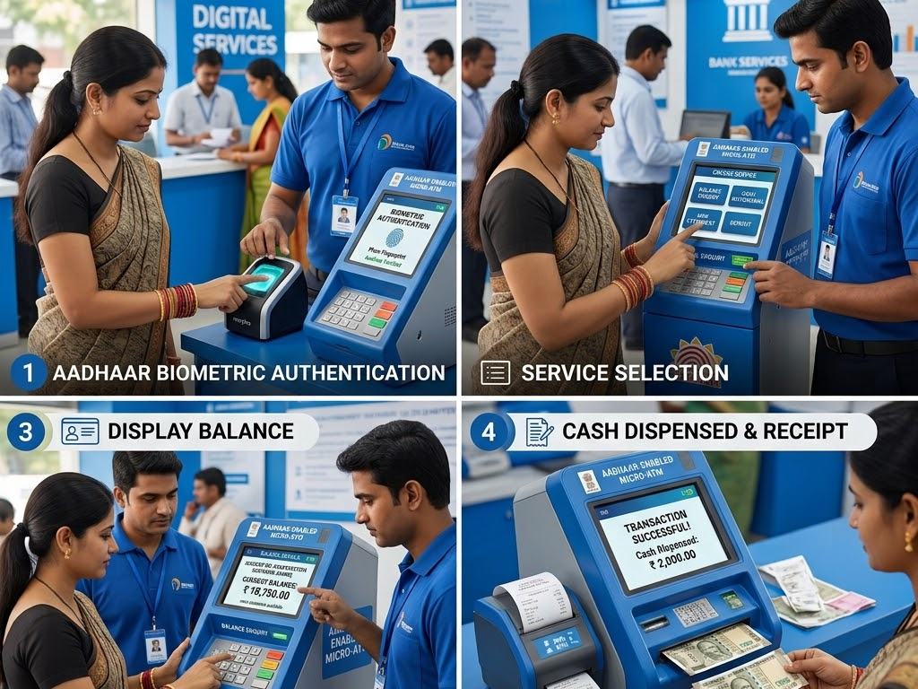 Four steps at an Aadhaar-enabled banking counter: biometric authentication, service selection, balance display, and cash dispensed with a receipt