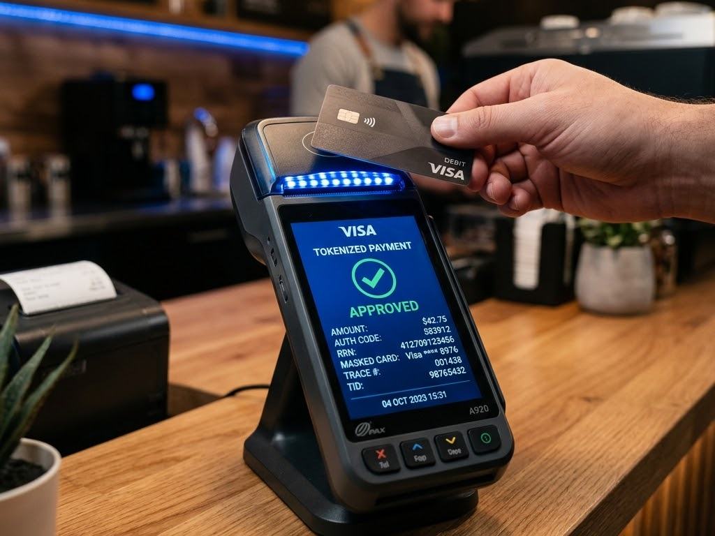 A contactless card held against a payment terminal showing a tokenised payment approved, with the authorisation detail on screen