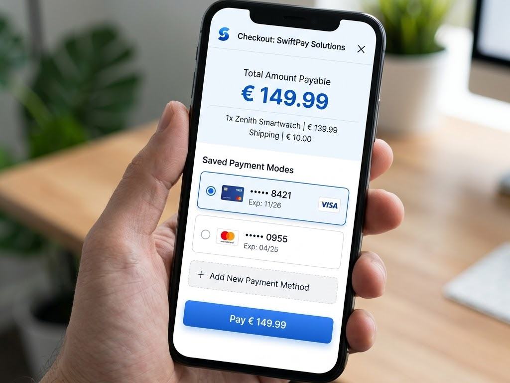 A hosted checkout sheet on a phone showing the total payable, saved payment modes and the pay button