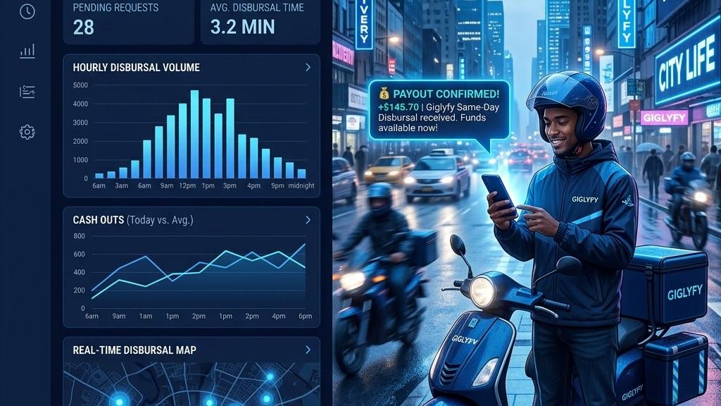 A same-day disbursals dashboard beside a delivery rider reading a payout-confirmed notification on a phone