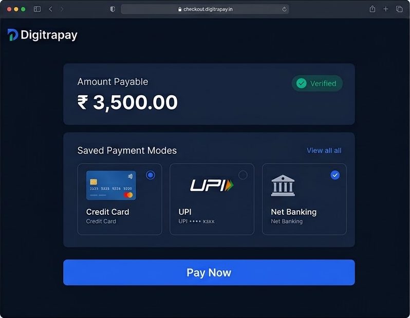 The Digitrapay checkout open in a browser: an amount payable of 3,500 rupees marked verified, saved payment modes for credit card, UPI and net banking, and a pay now button