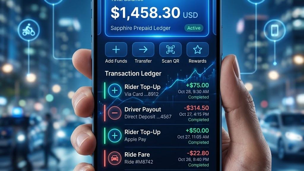 A mobility wallet on a phone showing the prepaid balance and a transaction ledger of rider top-ups and driver payouts