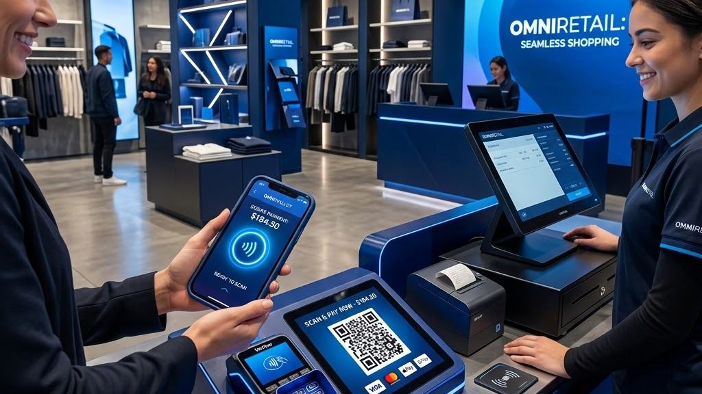 A customer tapping a phone against a card terminal at an omnichannel retail counter, with a QR code on the terminal screen