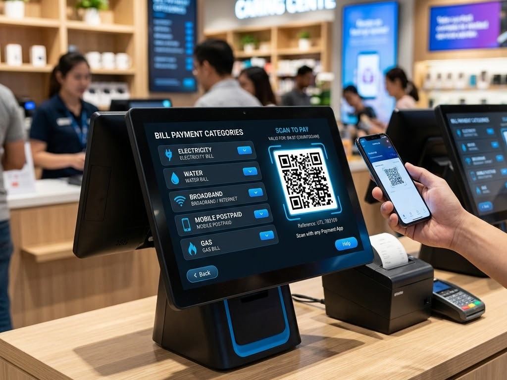 A bill payment kiosk listing electricity, water, broadband, mobile and gas categories beside a scan-to-pay QR code being scanned with a phone