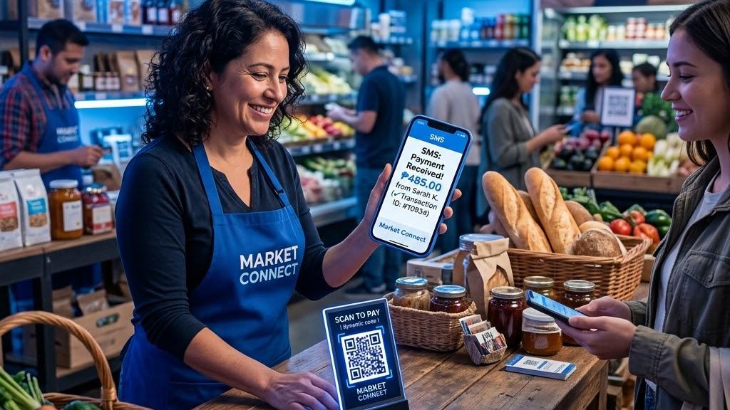 A shopkeeper at a neighbourhood grocery holding a scan-to-pay QR terminal while a customer pays from a phone