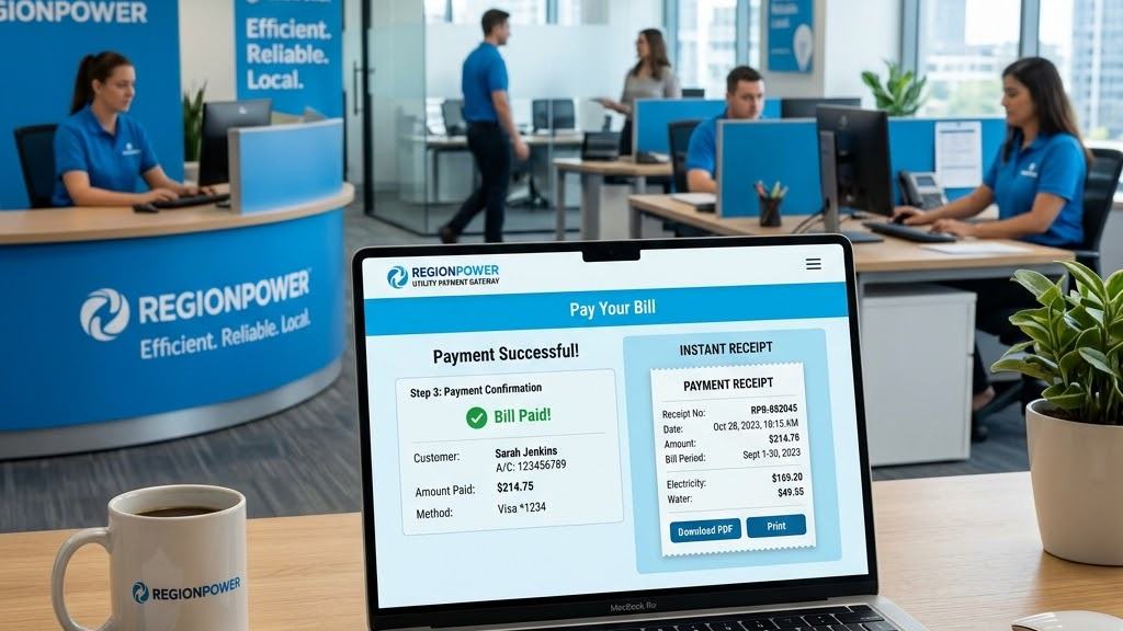 A utility bill payment portal open on a laptop showing a successful payment and an instant receipt at the provider office