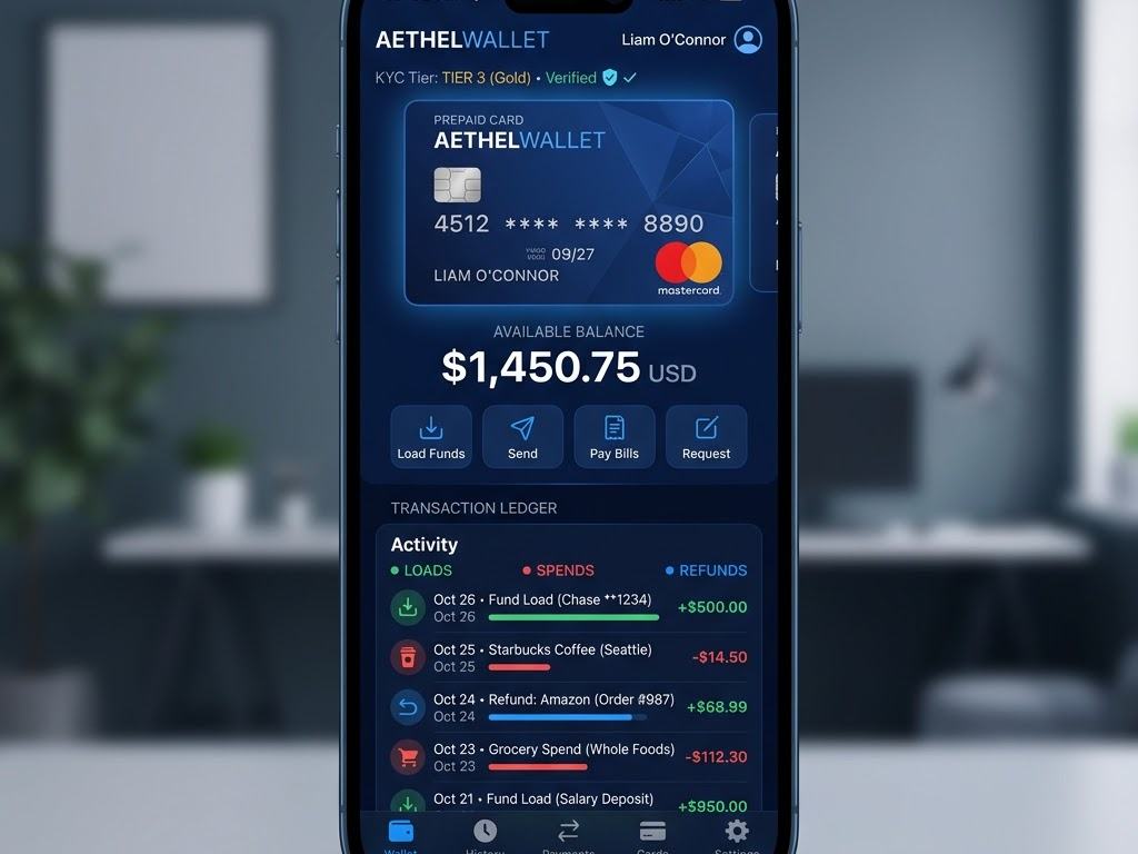 A prepaid wallet on a phone showing the card, available balance and a transaction ledger of loads, spends and refunds